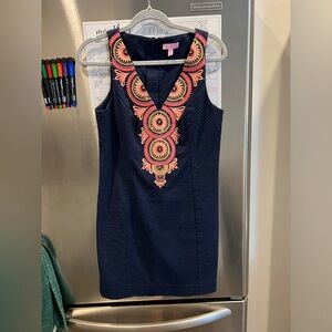 Lilly Pulitzer Navy Shift Dress with Coral Embellishments